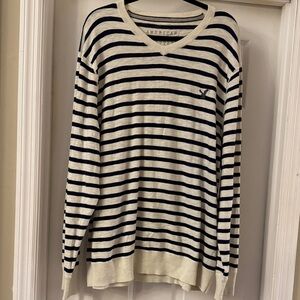 American Eagle Outfitters Men's V-Neck Sweater - Navy and Cream Stripes